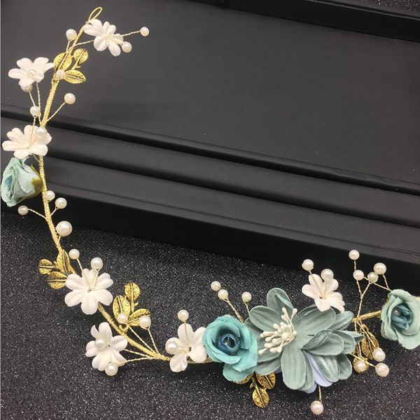 

girl green pearl flower headbands handmade golden wire floral women hairband headpiece wedding bridal hair jewelry accessories, Golden;white