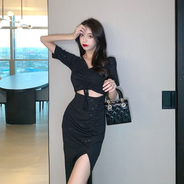 

womens v-neck waist cutout dress 2020 summer new style drawstring waist machine sparkling slit dress women, White;black