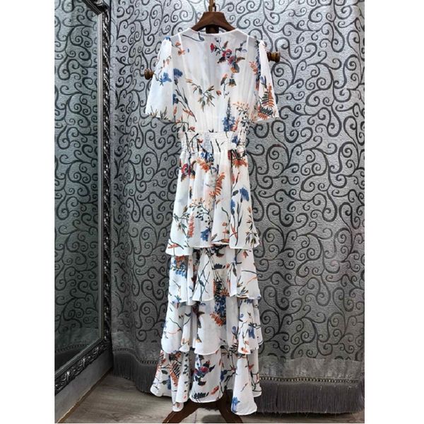 

european style 2019 summer long dress women v-neck charming floral print short sleeve casual long maxi dress beach, Black;gray