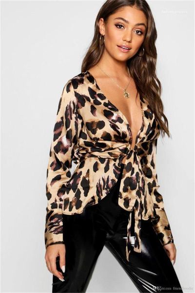 

ol female leopard spring autumn designer luxury deep v-neck sashes designer blouses shirts fashion, White