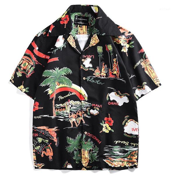 

hawaiian shirt clothing 2020 summer new digital printing short sleeved shirt summer casual loose shirt men1, White;black