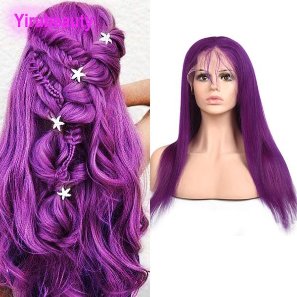 Cabelo virgem indiano 100% cabelo humano Remy Liso Roxo 13X4 Peruca frontal com renda Pré-depilada 12-30 polegadas Amarelo Vermelho