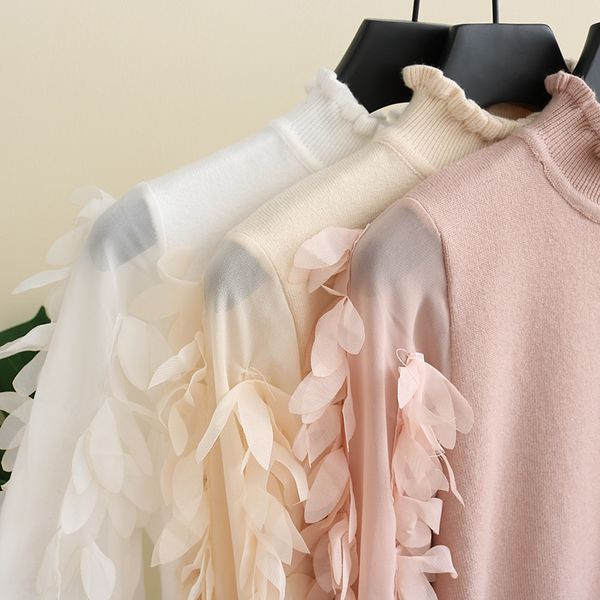 

2020 korean petal bubble edge bottoming sweater mesh sleeves loose sweater ruffled collar knitted women sweater pullover, White;black