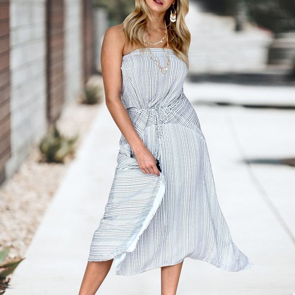 

women off shoulder stripe printing dress girl lace up long bohe dress, Black;gray