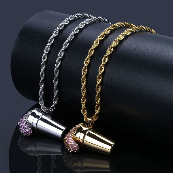 

2019 cross-border exclusive new ice cream shape hip hop pendant micro-inlaid pink zircon necklace jewelry, Silver