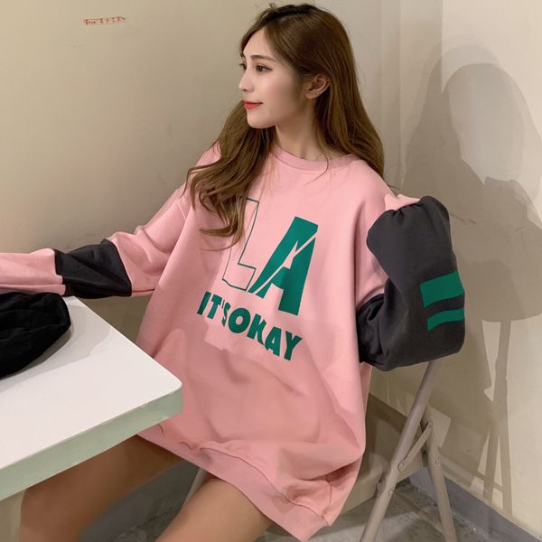 

женский корейский kawaii смазливая рыхлой colorblock буквы толстовка женские кофты японский harajuku ulzzang одежда для женщин, Black
