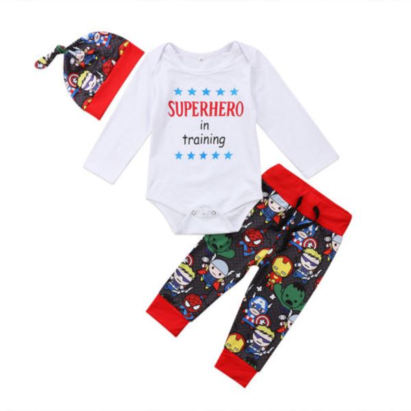 

newborn baby boys long sleeve romper jumpsuit + cartoon pants +hat outfits clothes 3pcs baby clothing set, White
