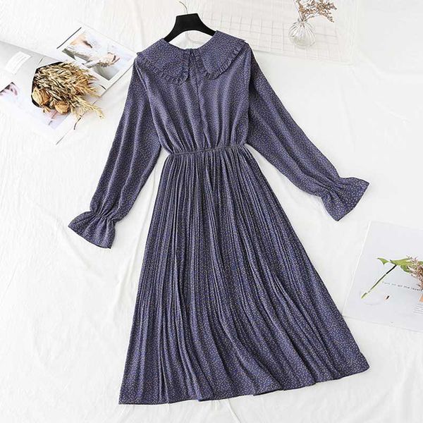 

high waist dress women vintage spring autumn dresses chiffon pleated casual floral long sleeve ladies elasticated waist vestidos, Black;gray