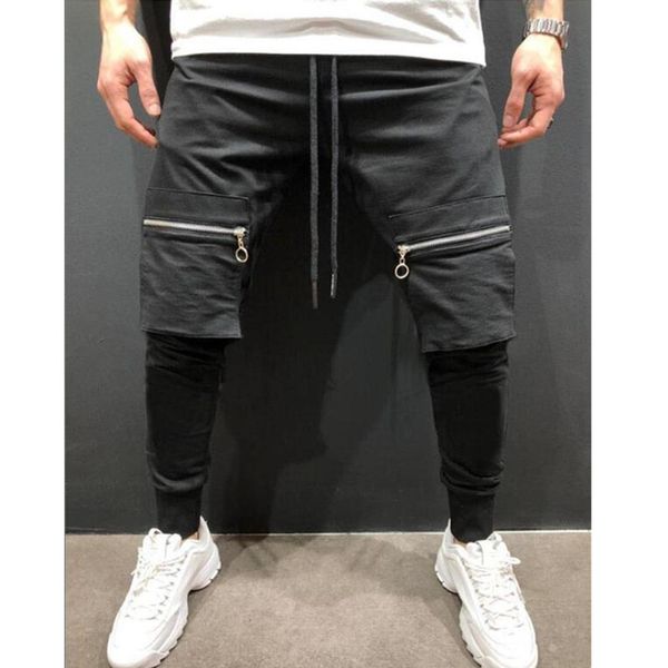 

men's fashion slim large pocket zipper pants jogger running fitness street dancing casual small feet hip-hop pants, Black