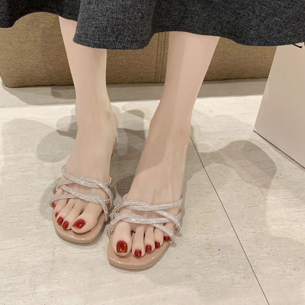 

shoes women cross-tied slippers casual square heel pantofle slides med jelly flip flops soft block 2020 summer glitter, Black