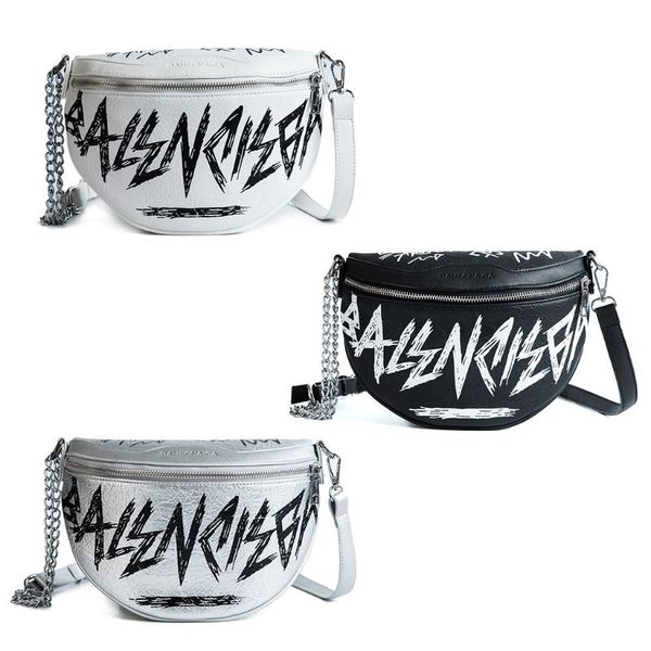 

women pu leather with letter graffiti waist bag phone pouch chain fanny pack travel belt purse shoulder crossbody bags