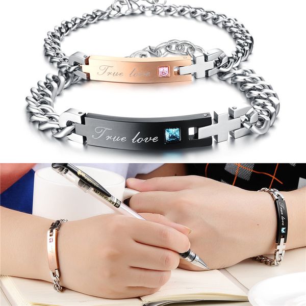

его hers пара браслетов matching set царапаться из нержавеющей стали отношения пары distance цепи браслет для мужчин женщин, Black