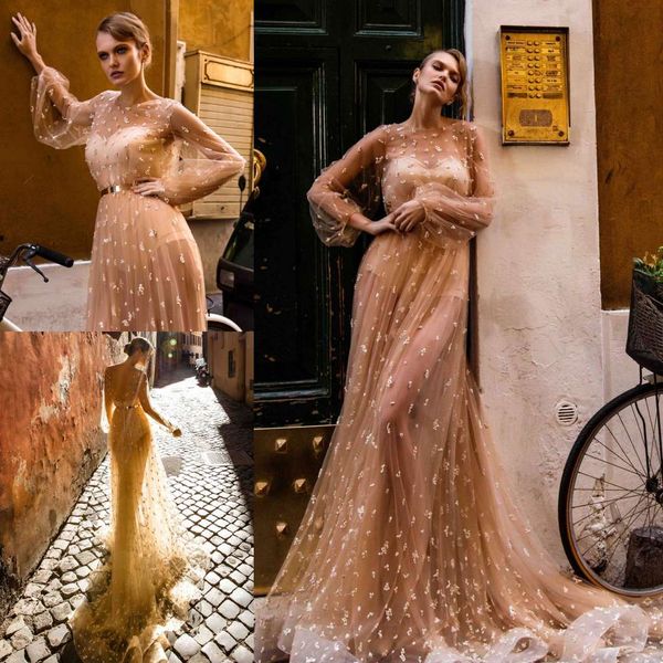 

2019 берта видеть сквозь свадебные платья jewel кружева аппликации с длинным рукавом свадебные платья сексуальная спинки развертки поезд boh, White