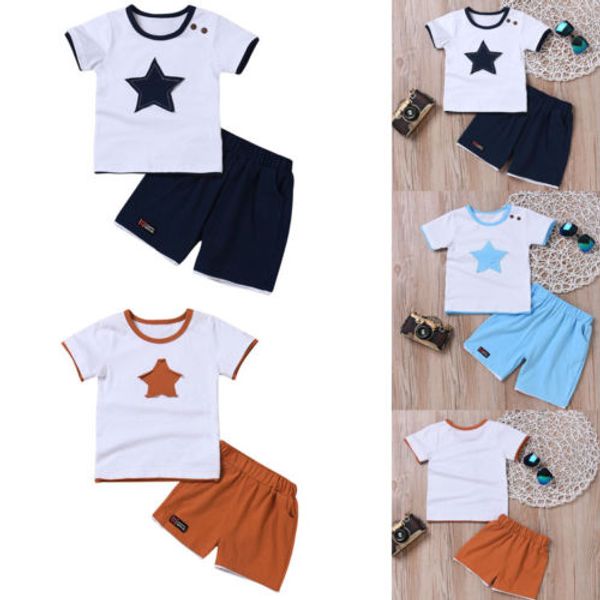 

pudcoco 2pcs clothes set toddler baby boys star t-shirt +casual shorts summer outfits set 3 color, White