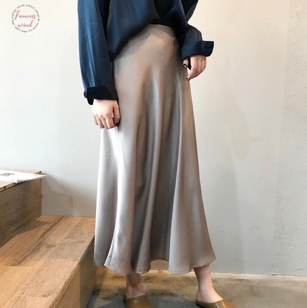

spring 2019 women high waist satin skirt metallic color long skirt shiny silk imitation midi skirt, Black