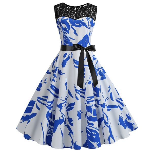 

summer dress 2019 women vintage elegant dress 1950s retro sleeveless lace splice printing party prom swing vestidos mujer, Black;gray