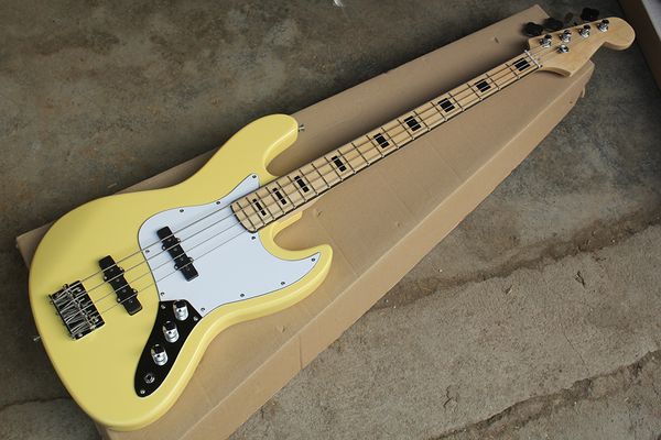 Fábrica Personalizada de 4 Cordas Amarelo Elétrico Bass Guitar com Preto Inlay e Chrome Hardware, Pickguard Branco, Oferta Personalizado