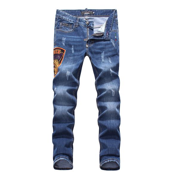 

mens designer jeans brand fashion men's jeans skinny fit spliced ripped jeans high street motorcycle men pants, Blue