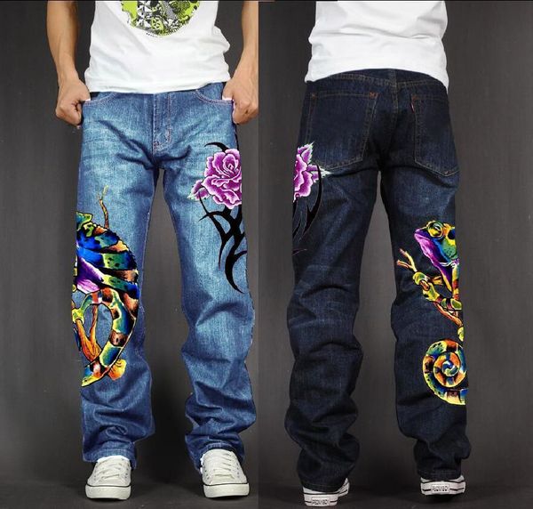 

men's long pants baggy loose fit jeans rap hip hop skate denim print trousers straight stretch casual trousers vf32, Blue