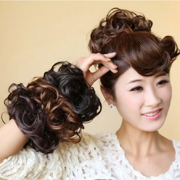 Women Tiara Satin Curly Messy Wavy Hair Bun Extension Elastic Hair