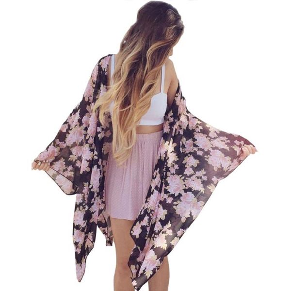

ishowtienda 2019 женщины boho шифон с цветочным принтом свободные шали кимоно кардиган верхняя блузка с крышкой #f, Blue;gray