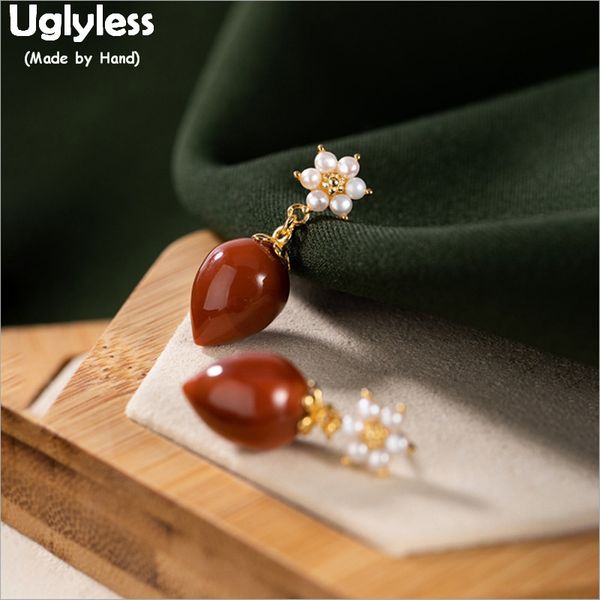 

uglyless natural agate like a peach earrings for women solid gemstones heart brincos jewelry nature pearls flower earrings e1779, Golden;silver