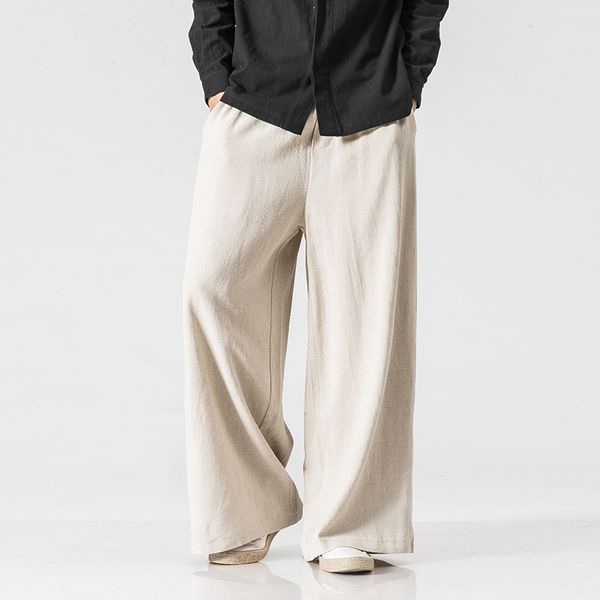 

new men elastic waist straight causal pants solid cotton linen loose harem trousers male wide leg pant, Black