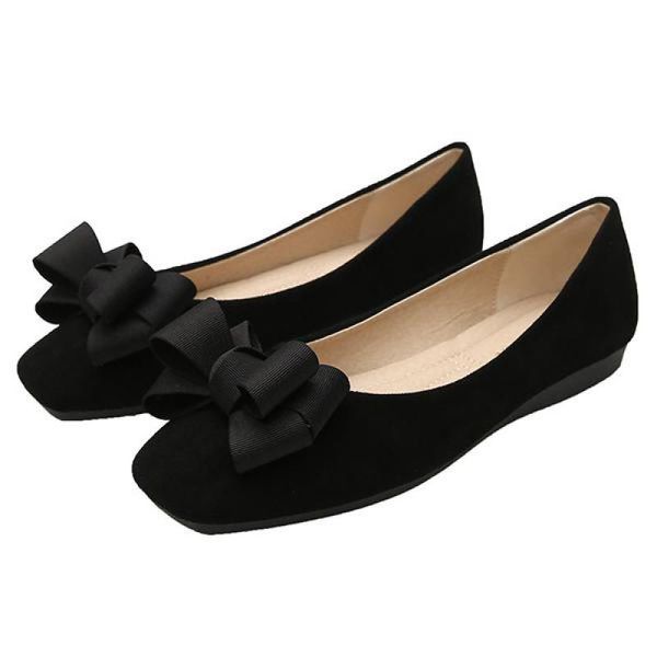 

34~43 plus size women moccasins satin bow square toe suede loafers slip on ballet flats breathable office shallow single shoes, Black