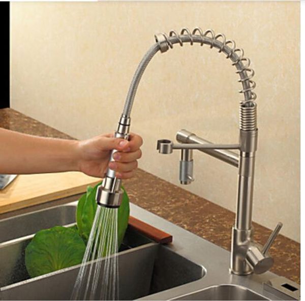 

deck mounted pull out kitchen faucet nickel brushed swivel sink mixer one handle