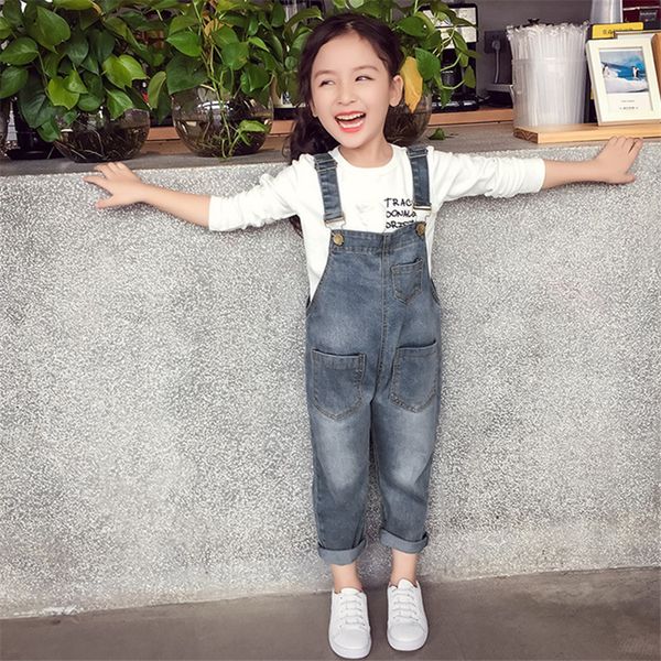 

baby girls overalls spring autumn denim jumpsuit korean style long jeans casual washed rompers pocket button suspender trousers casual jeans, Blue