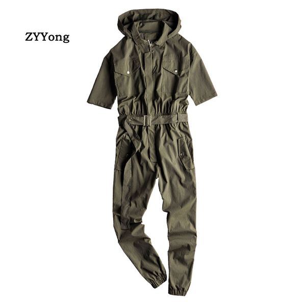 

zyyong summer men's short-sleeved jumpsuit streetwear hip-hop slim hooded casual beam feet men's overalls jogger pants, Black