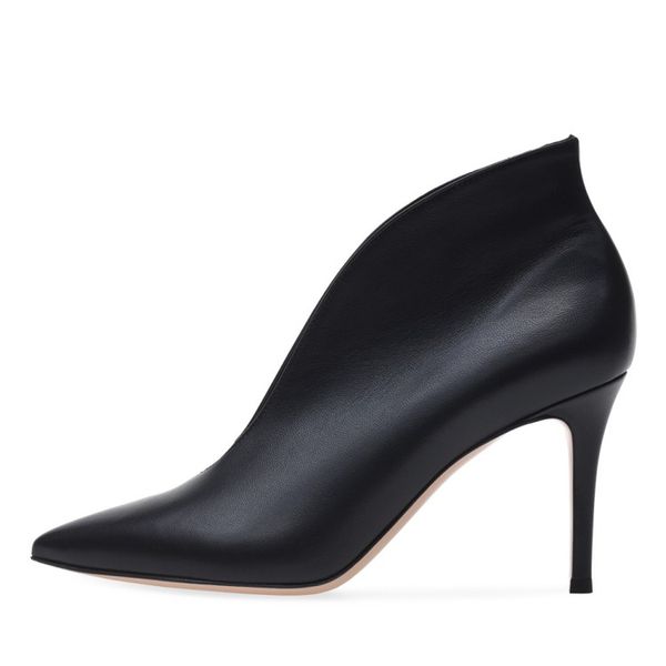 

2019 new designer shoes winter fashion boots pointed toes leather high heels ankle boots stiletto heel patchwork soft leather women shoes, Black