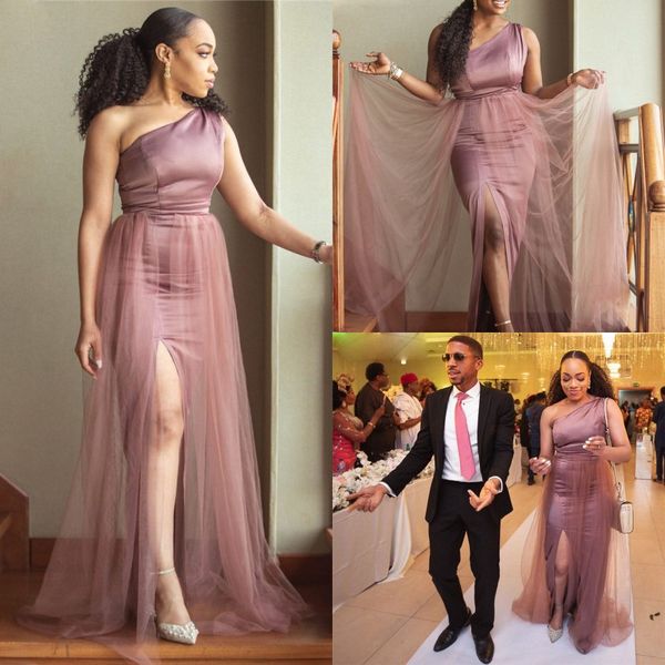 

african one shoulder side slit floor length elastic satin mermaid bridesmaid gowns satin prom gowns evening formal party dresses, White;pink