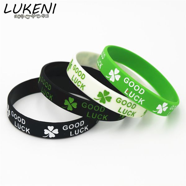 

1pc new fashion clover good luck silicone wristband black green white silicone rubber bracelets&bangles women men sh167, Golden;silver