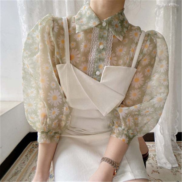 

rugod 2020 новые поступления женщины летняя блузка воротник рубашки хризантема с длинными слоеными рукавами однобортный blusas женский, White