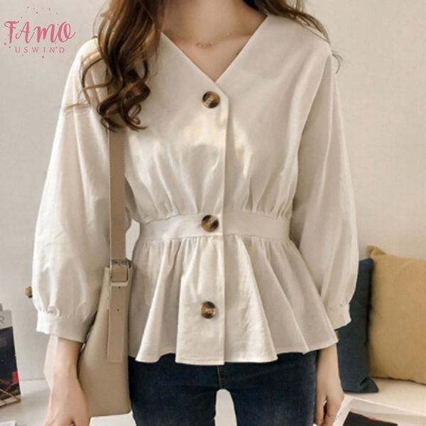 

womens casual v neck button up ruffles waist long sleeve solid blouse batwing sleeve shirt women female autumn, White