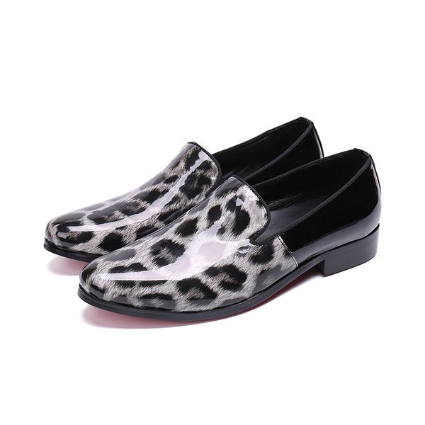 

new fashion leopard print men loafers patent leather men party shoes casual slip on male flats, Black