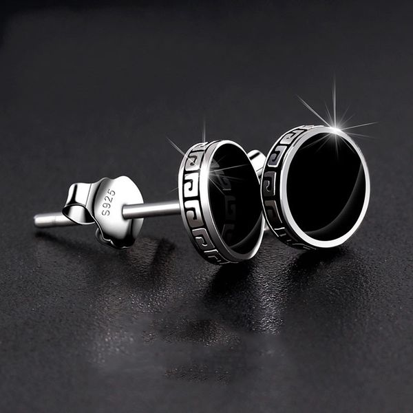 

6/8mm round black stone stud earrings for men vintage fashion punk jewelry male simple creative silver color hip hop earrings, Golden;silver