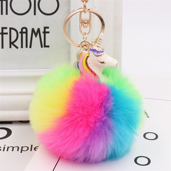 

5pcs/lot alloy unicorn fur ball pendant colorful striped fur ball key chain lady bag plush pendant wholesale, Silver