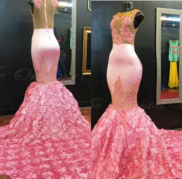 

African Pink Mermaid Evening Dresses Gold Lace Appliques 3D Rose Flower Flora Long Prom Dresses for Black Girls Women Party Gowns