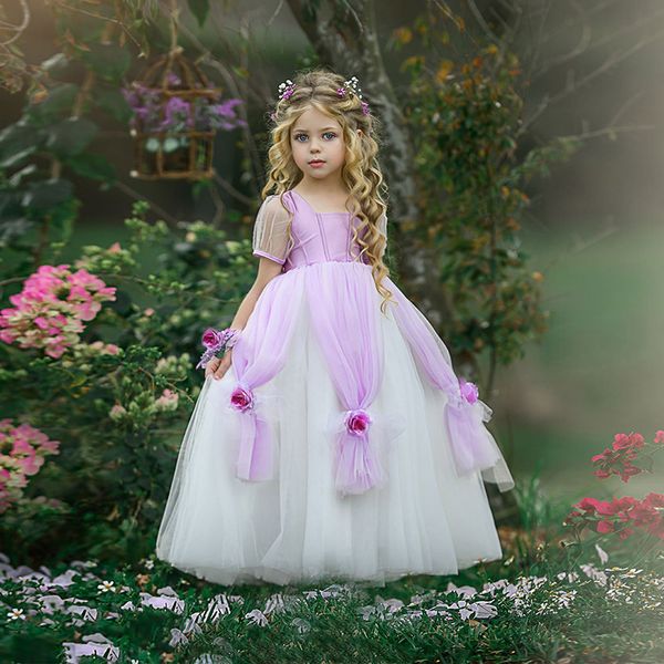 Abito da ragazza di fiori viola chiaro 2019 Abito da ballo principessa Sophia Abito da spettacolo bambina lilla Manica corta Lunghezza pavimento Tulle morbido