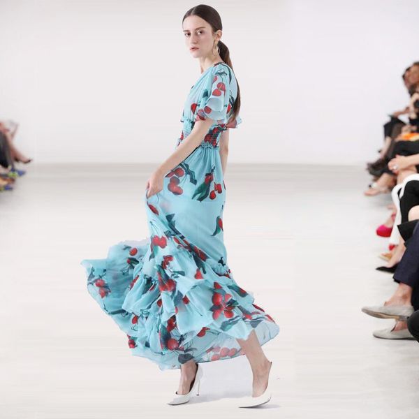 

женщины фруктовая v-образным вырезом платья резинке с коротким рукавом плиссированные повседневная одежда женские летние пляжная одежда, Black;gray