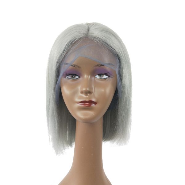Supplier On Sale New Arrival Unprocessed Remy Virgin Human Hair Medium Bob Grey Silky Straight Full Front Lace Cap Wig For Women