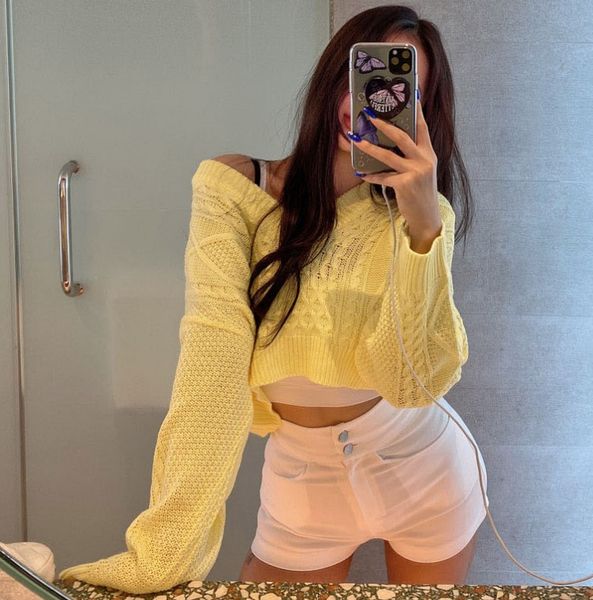 

nice yellow color sweater women crop knitted jumper pullover spring kawaii girl pull femme jersey mujer, White;black