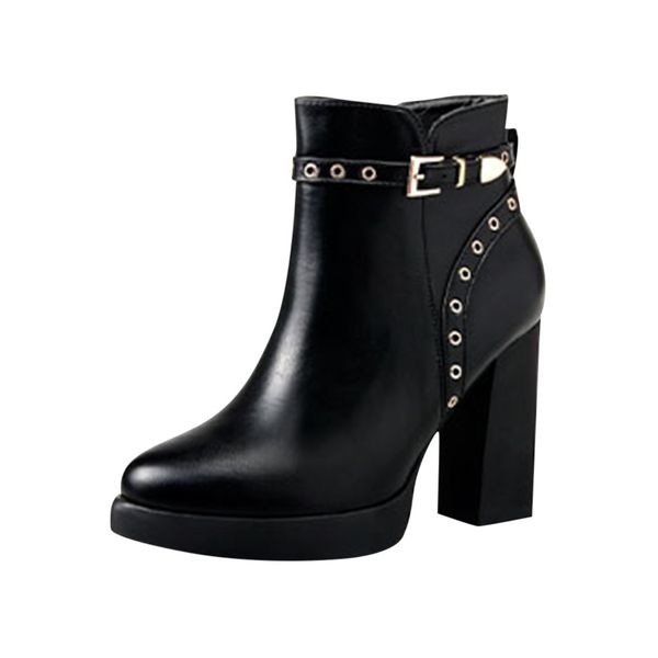 

high heels boots women autumn winter warmankle length belt buckle zip platforms booties work shoes high heel wild boots, Black