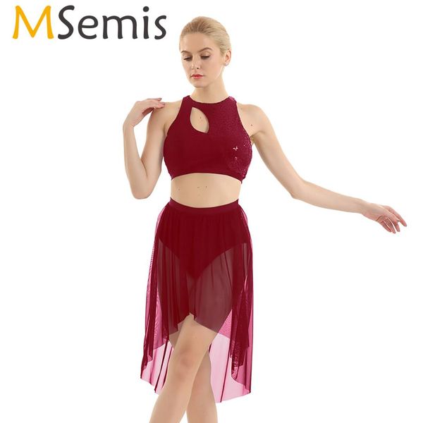 

msemis women ballet latin dance dress lyrical ballerina gymnastic costume outfit asymmetrical sequins tank crop skirts, Black;red