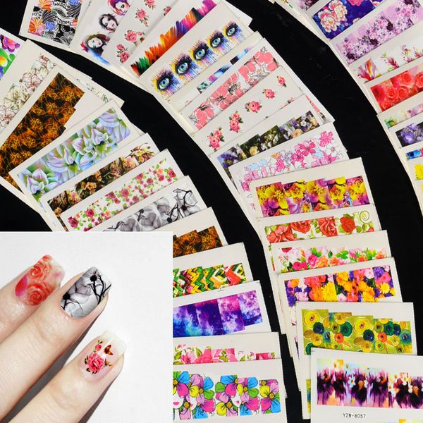

54pcs colorful designs nail stickers set water transfer sticker nail art flower wraps slider art decor beauty tips, Black
