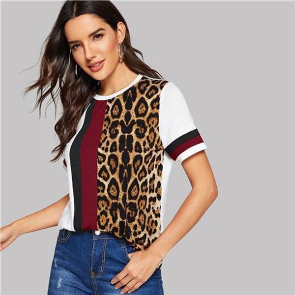 

white color block cut-and-sew leopard panel short sleeve o-neck casual t shirt women 2019 summer leisure tshirt