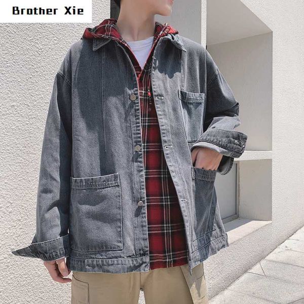 

autumn new denim jacket men fashion washed solid color casual multi-pocket denim jacket street wild hip-hop loose bomber, Black;brown