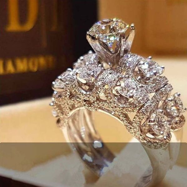 

женская мода позолоченный циркон цветок горный хрусталь палец кольцо день святого валентина подарок пара кольцо обручальное кольцо, Silver